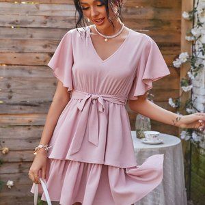 V Neck Layered Hem Belted Dress